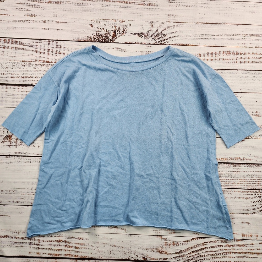Frank & Eileen Tee Lab T Shirt Womens S Blue Cotton Raw Hem Boxy Made USA